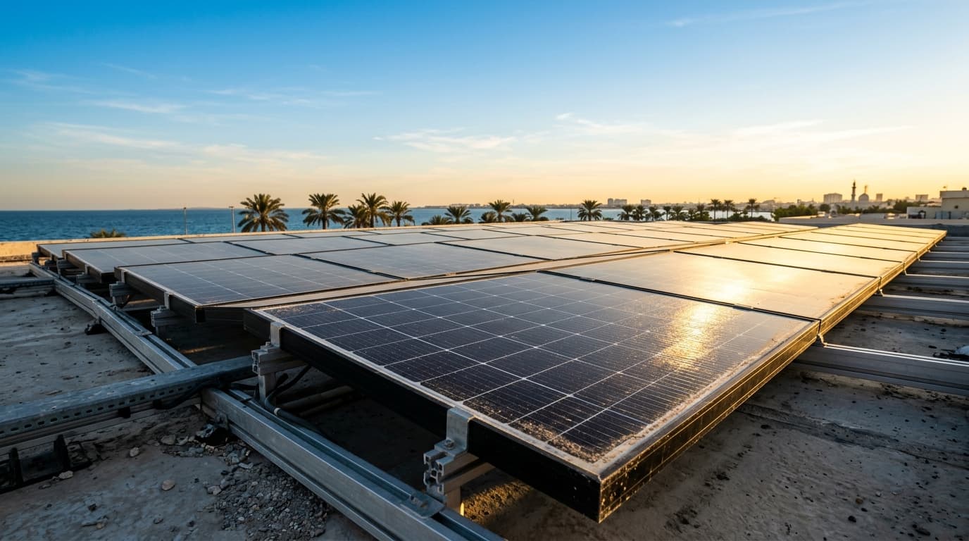 Close-up of solar panels installed on a villa roof